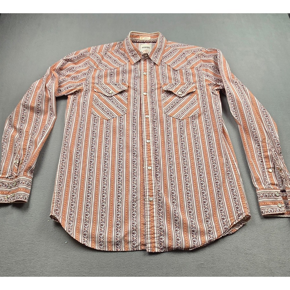 Fossil Mens Vintage Fit Western Pearl Snap Shirt Orange Brown Stripe Medallion M